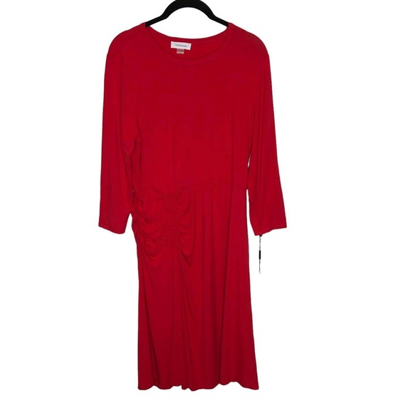 NWT Calvin Klein Womens 3/4 Sleeves Dress Sz 10 Red Shirred‎ on Side Knee Length - Picture 1 of 9